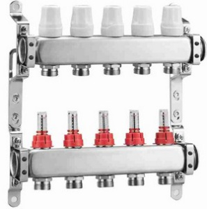 Коллекторная группа ZEGOR,   QS-1833 с расх-ми, термостат. клапана, нерж. сталь 1"х3х3/4"